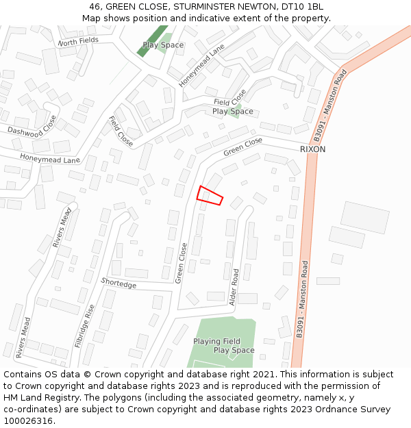 46, GREEN CLOSE, STURMINSTER NEWTON, DT10 1BL: Location map and indicative extent of plot