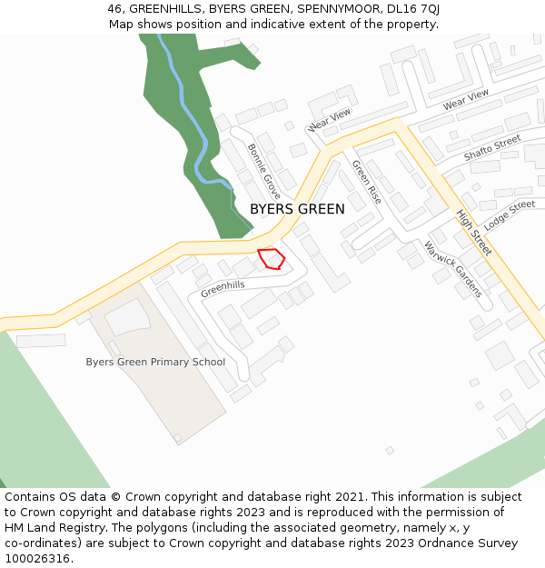 46, GREENHILLS, BYERS GREEN, SPENNYMOOR, DL16 7QJ: Location map and indicative extent of plot