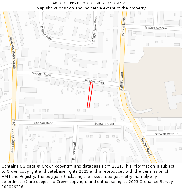 46, GREENS ROAD, COVENTRY, CV6 2FH: Location map and indicative extent of plot