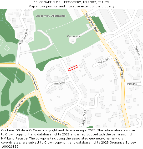 46, GROVEFIELDS, LEEGOMERY, TELFORD, TF1 6YL: Location map and indicative extent of plot