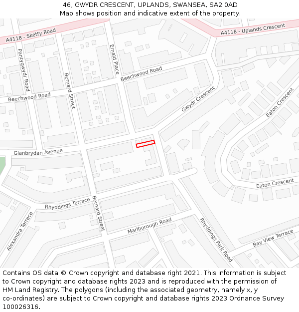 46, GWYDR CRESCENT, UPLANDS, SWANSEA, SA2 0AD: Location map and indicative extent of plot