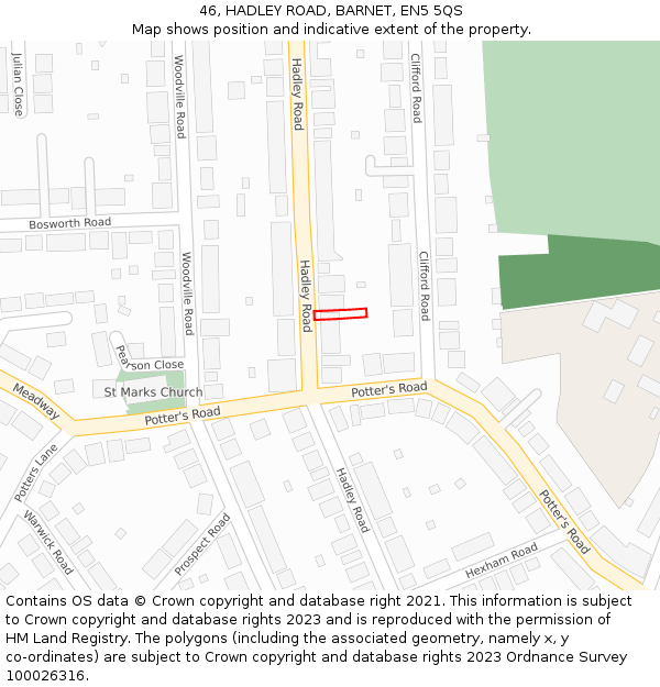 46, HADLEY ROAD, BARNET, EN5 5QS: Location map and indicative extent of plot