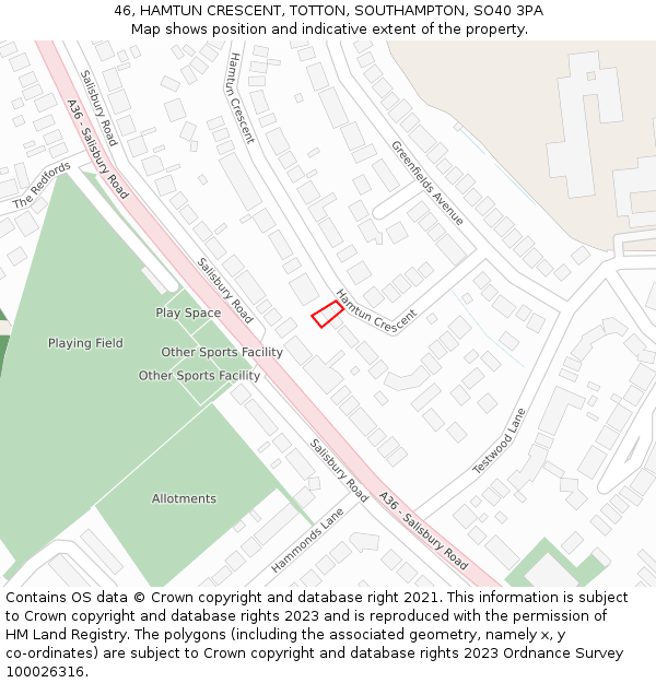 46, HAMTUN CRESCENT, TOTTON, SOUTHAMPTON, SO40 3PA: Location map and indicative extent of plot