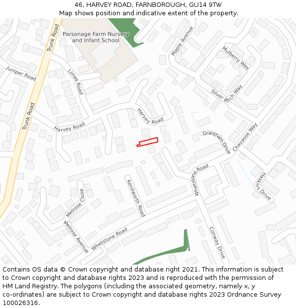 46, HARVEY ROAD, FARNBOROUGH, GU14 9TW: Location map and indicative extent of plot