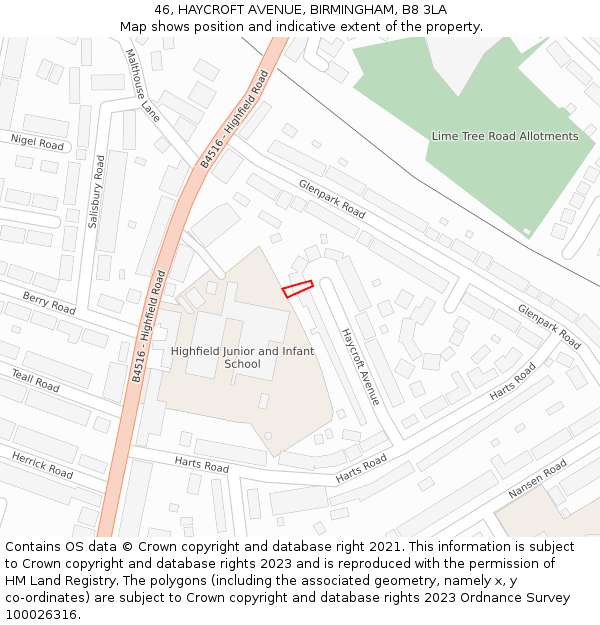 46, HAYCROFT AVENUE, BIRMINGHAM, B8 3LA: Location map and indicative extent of plot