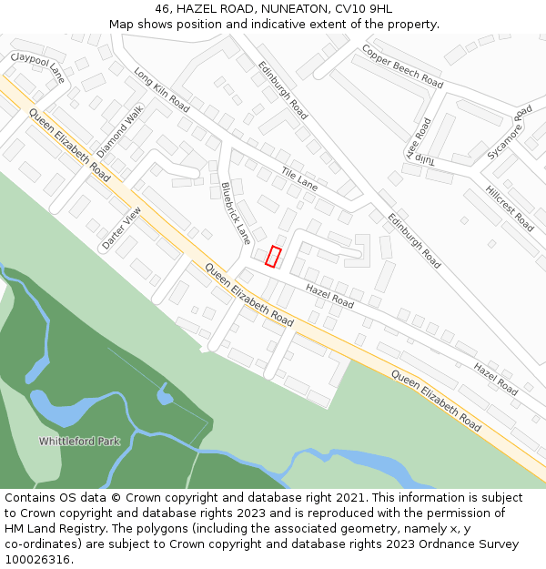 46, HAZEL ROAD, NUNEATON, CV10 9HL: Location map and indicative extent of plot