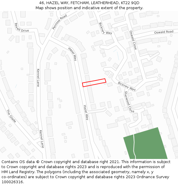 46, HAZEL WAY, FETCHAM, LEATHERHEAD, KT22 9QD: Location map and indicative extent of plot