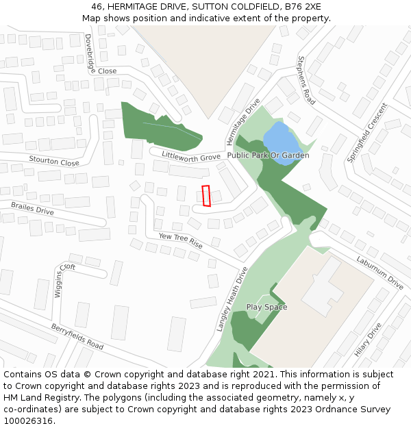 46, HERMITAGE DRIVE, SUTTON COLDFIELD, B76 2XE: Location map and indicative extent of plot