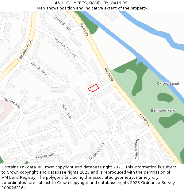 46, HIGH ACRES, BANBURY, OX16 9SL: Location map and indicative extent of plot