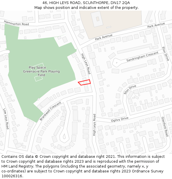 46, HIGH LEYS ROAD, SCUNTHORPE, DN17 2QA: Location map and indicative extent of plot