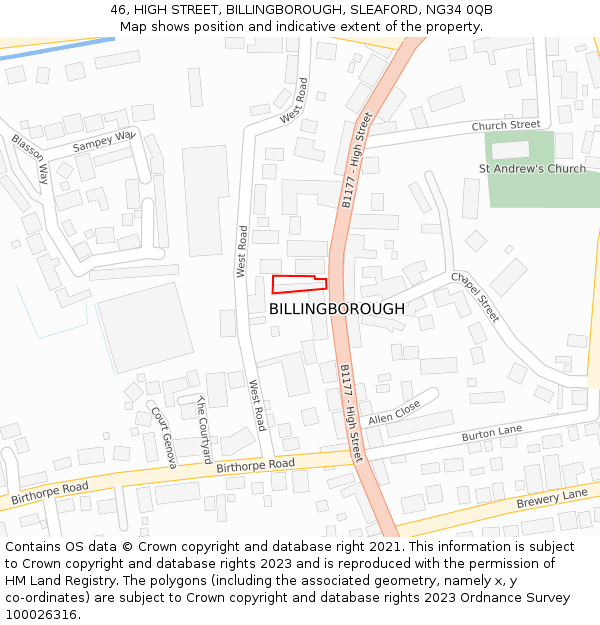 46, HIGH STREET, BILLINGBOROUGH, SLEAFORD, NG34 0QB: Location map and indicative extent of plot