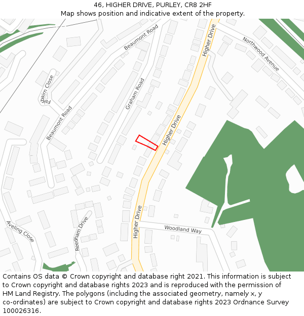 46, HIGHER DRIVE, PURLEY, CR8 2HF: Location map and indicative extent of plot