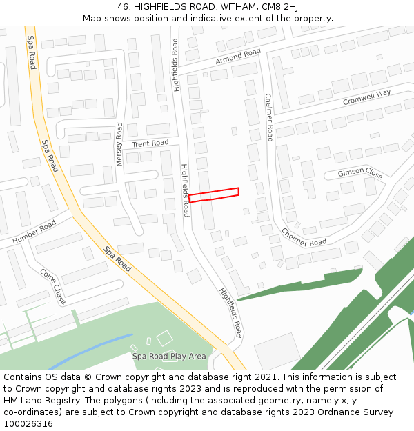 46, HIGHFIELDS ROAD, WITHAM, CM8 2HJ: Location map and indicative extent of plot