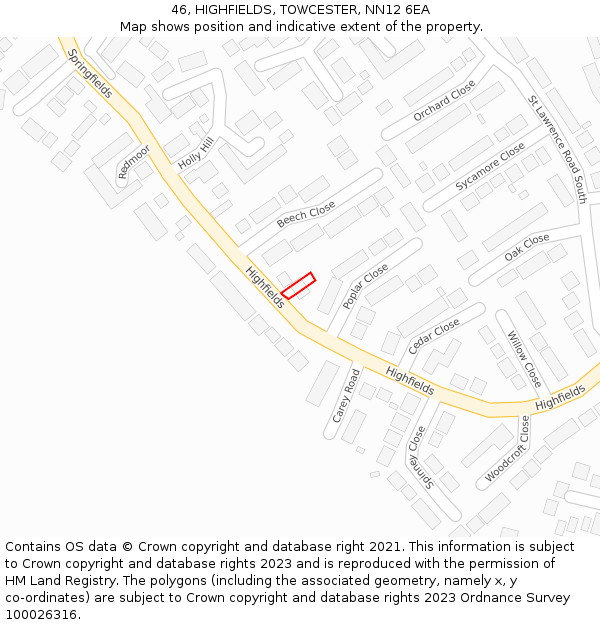 46, HIGHFIELDS, TOWCESTER, NN12 6EA: Location map and indicative extent of plot