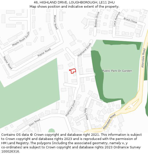 46, HIGHLAND DRIVE, LOUGHBOROUGH, LE11 2HU: Location map and indicative extent of plot