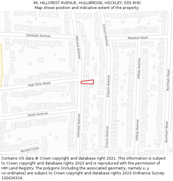 46, HILLCREST AVENUE, HULLBRIDGE, HOCKLEY, SS5 6HD: Location map and indicative extent of plot