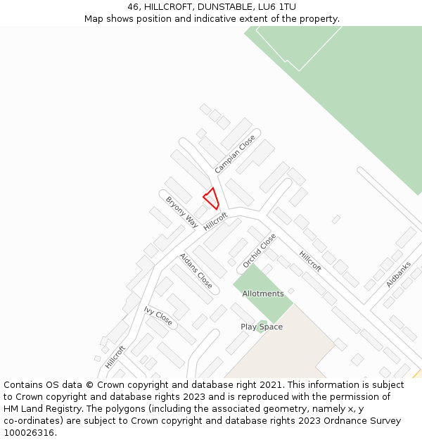 46, HILLCROFT, DUNSTABLE, LU6 1TU: Location map and indicative extent of plot