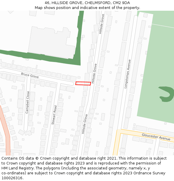 46, HILLSIDE GROVE, CHELMSFORD, CM2 9DA: Location map and indicative extent of plot