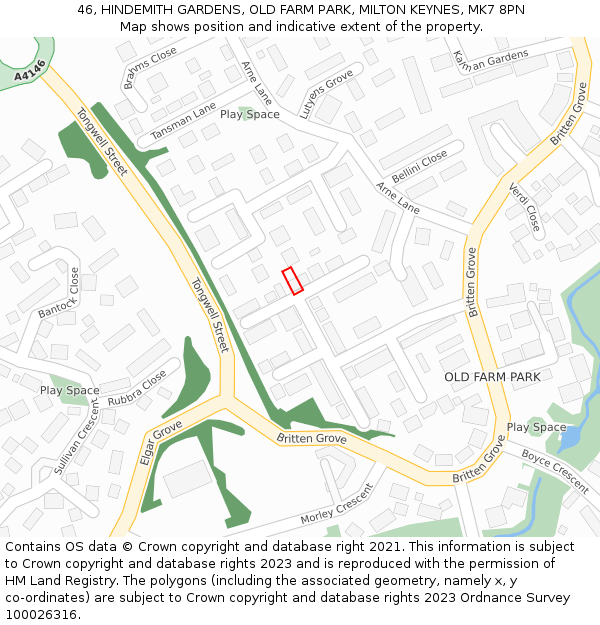 46, HINDEMITH GARDENS, OLD FARM PARK, MILTON KEYNES, MK7 8PN: Location map and indicative extent of plot