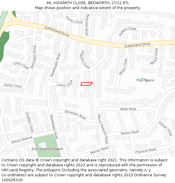 46, HOGARTH CLOSE, BEDWORTH, CV12 8TL: Location map and indicative extent of plot