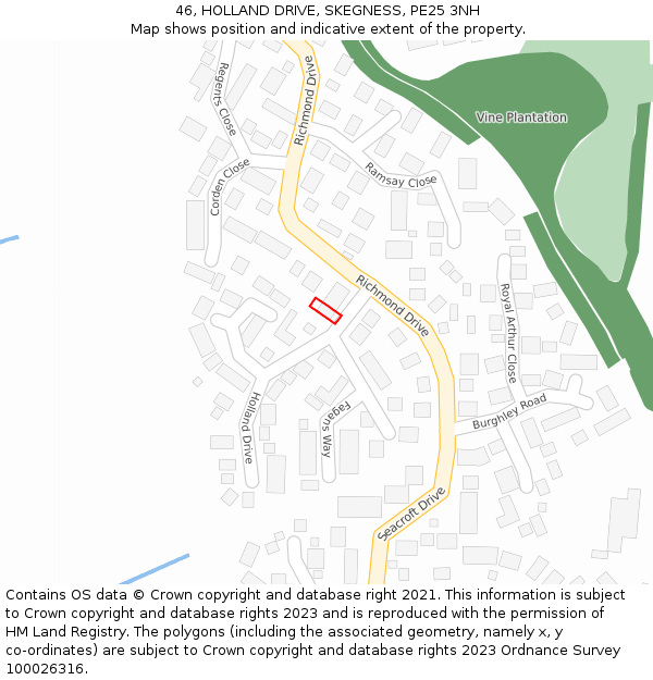 46, HOLLAND DRIVE, SKEGNESS, PE25 3NH: Location map and indicative extent of plot