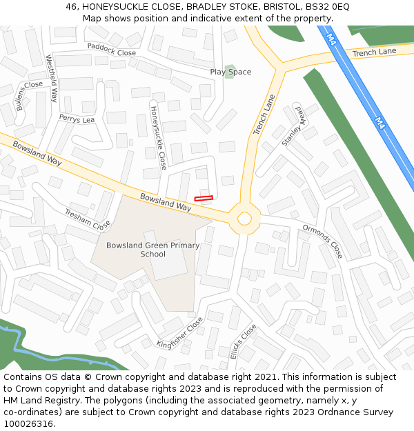 46, HONEYSUCKLE CLOSE, BRADLEY STOKE, BRISTOL, BS32 0EQ: Location map and indicative extent of plot