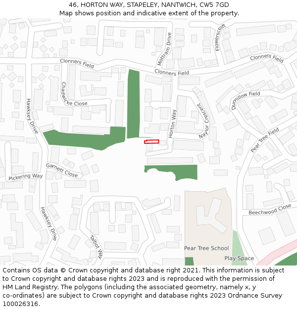 46, HORTON WAY, STAPELEY, NANTWICH, CW5 7GD: Location map and indicative extent of plot