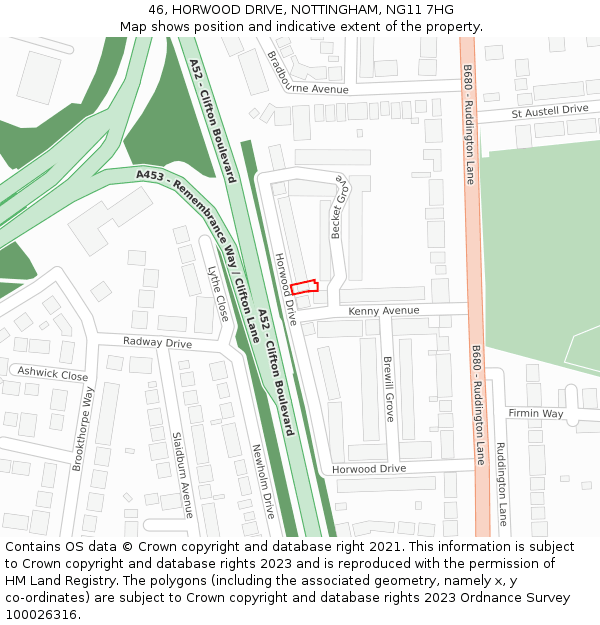 46, HORWOOD DRIVE, NOTTINGHAM, NG11 7HG: Location map and indicative extent of plot