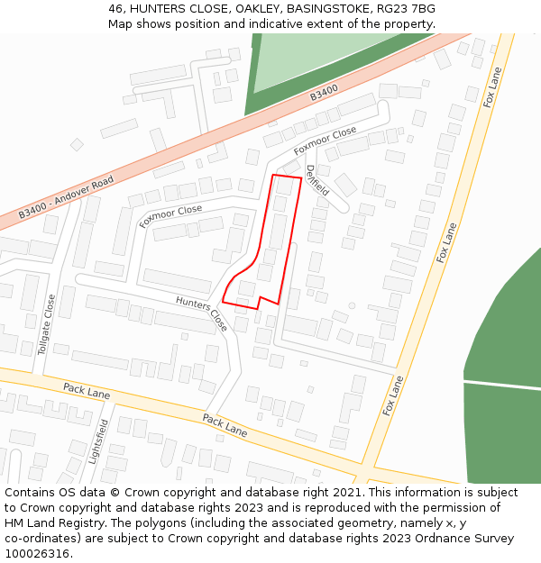 46, HUNTERS CLOSE, OAKLEY, BASINGSTOKE, RG23 7BG: Location map and indicative extent of plot