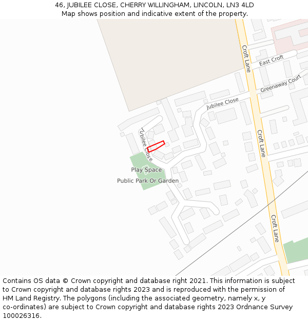 46, JUBILEE CLOSE, CHERRY WILLINGHAM, LINCOLN, LN3 4LD: Location map and indicative extent of plot