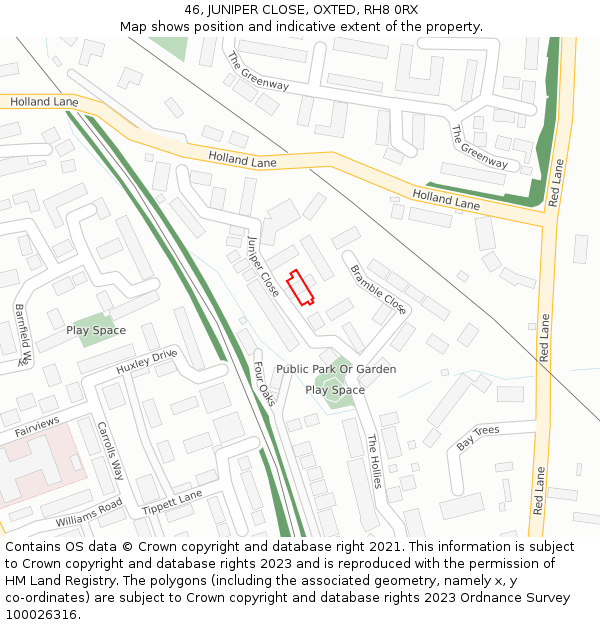 46, JUNIPER CLOSE, OXTED, RH8 0RX: Location map and indicative extent of plot