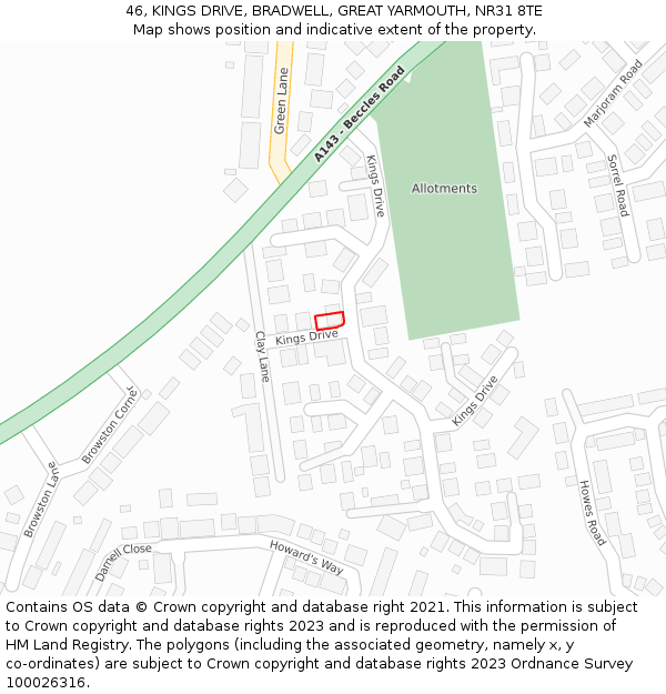 46, KINGS DRIVE, BRADWELL, GREAT YARMOUTH, NR31 8TE: Location map and indicative extent of plot