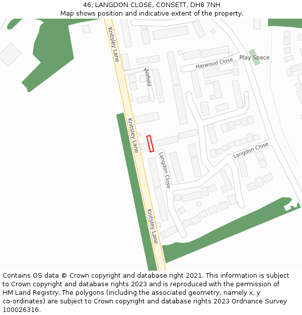 46, LANGDON CLOSE, CONSETT, DH8 7NH: Location map and indicative extent of plot