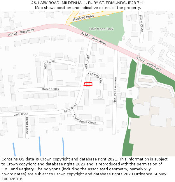 46, LARK ROAD, MILDENHALL, BURY ST. EDMUNDS, IP28 7HL: Location map and indicative extent of plot