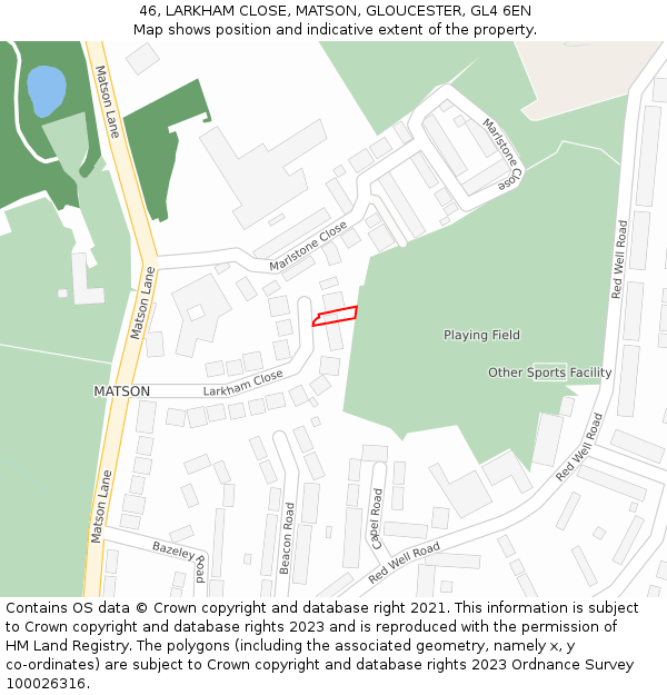 46, LARKHAM CLOSE, MATSON, GLOUCESTER, GL4 6EN: Location map and indicative extent of plot