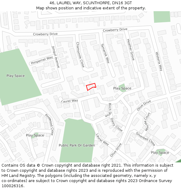 46, LAUREL WAY, SCUNTHORPE, DN16 3GT: Location map and indicative extent of plot