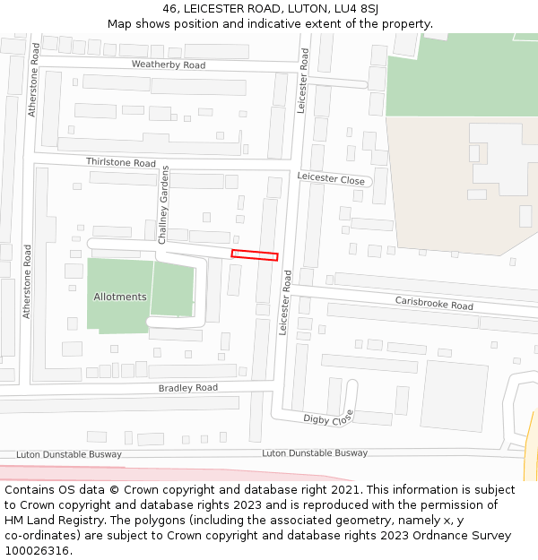 46, LEICESTER ROAD, LUTON, LU4 8SJ: Location map and indicative extent of plot