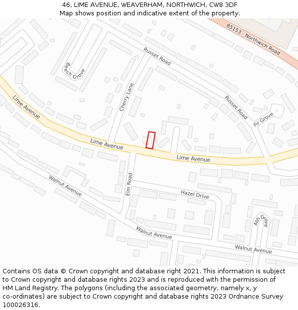 46, LIME AVENUE, WEAVERHAM, NORTHWICH, CW8 3DF: Location map and indicative extent of plot