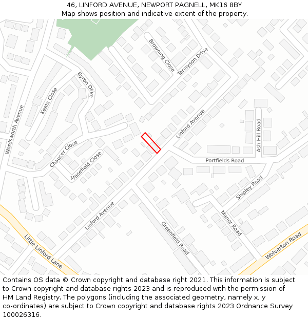 46, LINFORD AVENUE, NEWPORT PAGNELL, MK16 8BY: Location map and indicative extent of plot