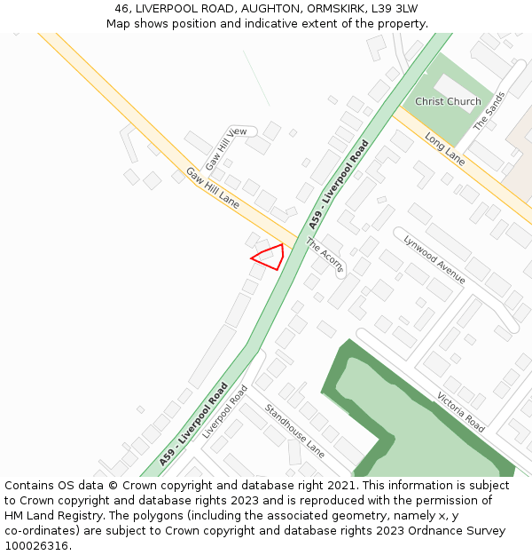 46, LIVERPOOL ROAD, AUGHTON, ORMSKIRK, L39 3LW: Location map and indicative extent of plot