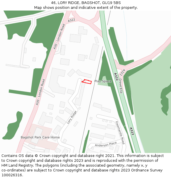46, LORY RIDGE, BAGSHOT, GU19 5BS: Location map and indicative extent of plot