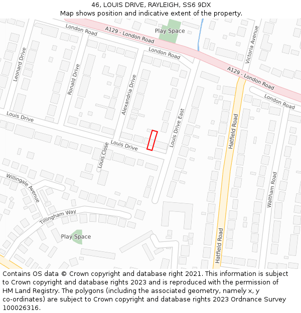 46, LOUIS DRIVE, RAYLEIGH, SS6 9DX: Location map and indicative extent of plot