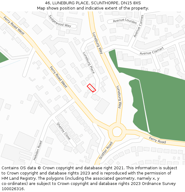 46, LUNEBURG PLACE, SCUNTHORPE, DN15 8XS: Location map and indicative extent of plot