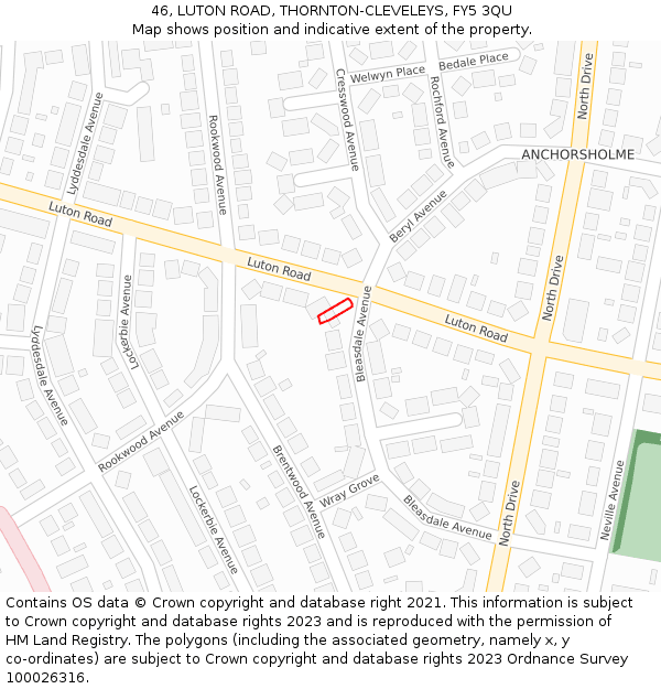 46, LUTON ROAD, THORNTON-CLEVELEYS, FY5 3QU: Location map and indicative extent of plot