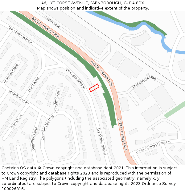 46, LYE COPSE AVENUE, FARNBOROUGH, GU14 8DX: Location map and indicative extent of plot