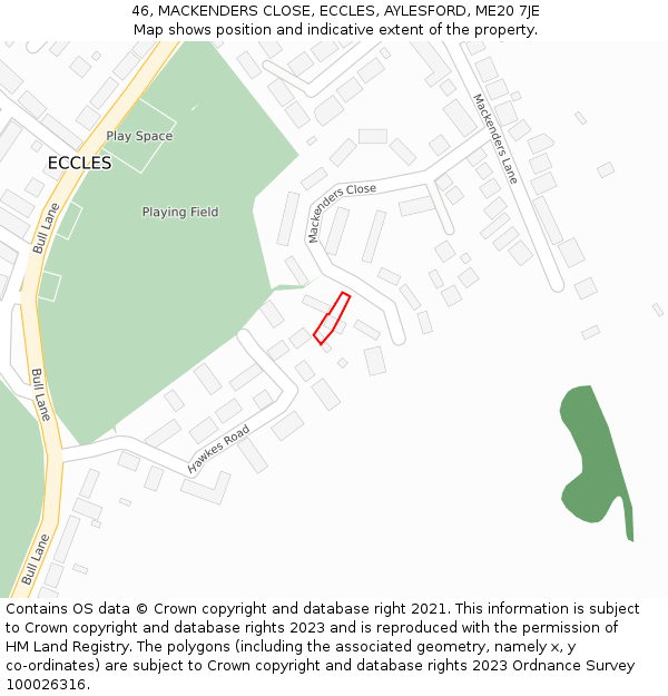 46, MACKENDERS CLOSE, ECCLES, AYLESFORD, ME20 7JE: Location map and indicative extent of plot