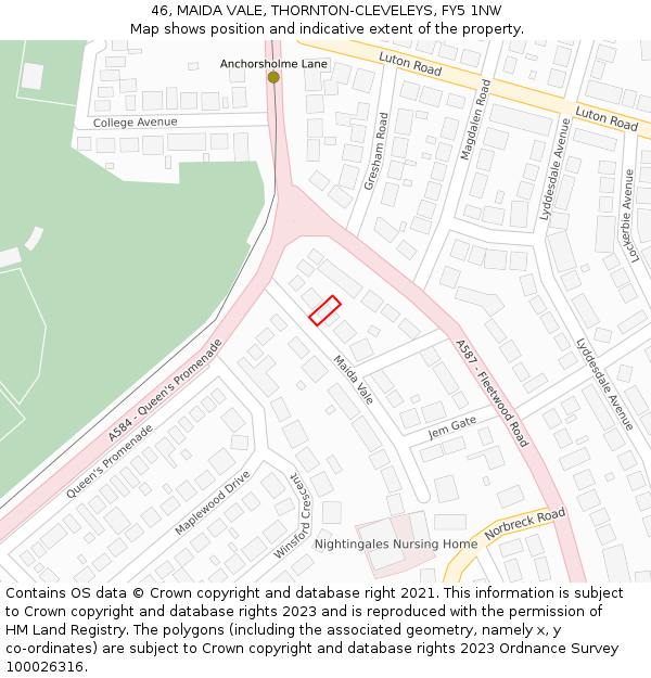 46, MAIDA VALE, THORNTON-CLEVELEYS, FY5 1NW: Location map and indicative extent of plot