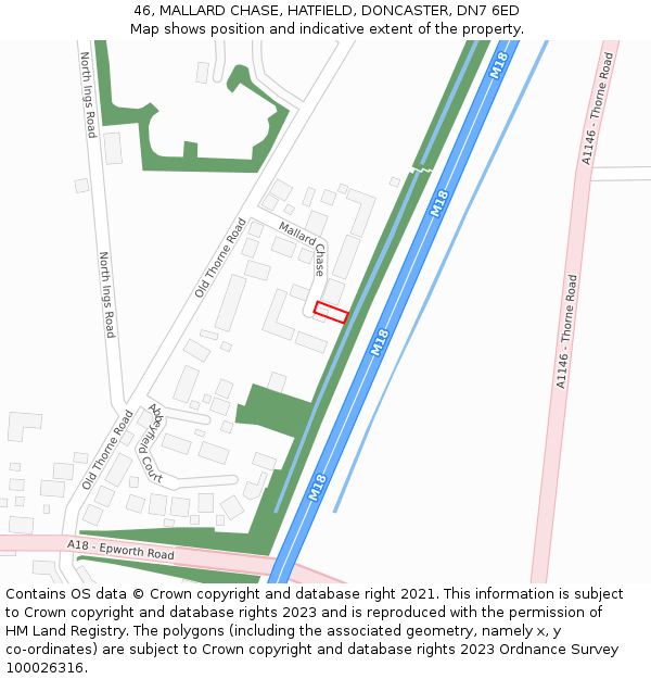 46, MALLARD CHASE, HATFIELD, DONCASTER, DN7 6ED: Location map and indicative extent of plot