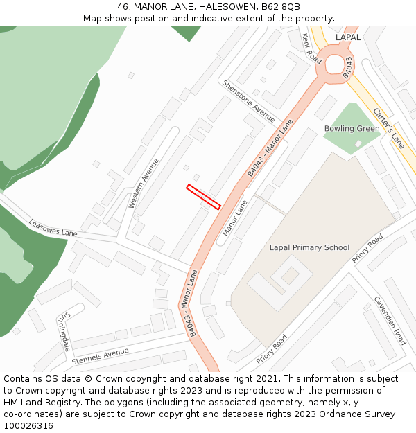 46, MANOR LANE, HALESOWEN, B62 8QB: Location map and indicative extent of plot