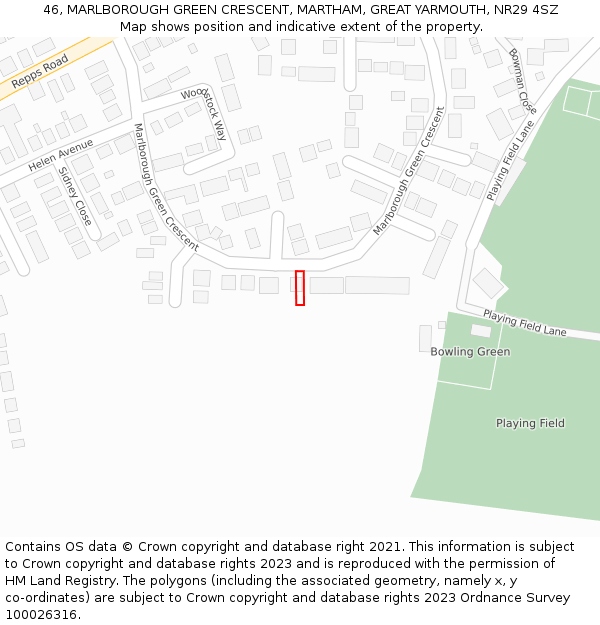 46, MARLBOROUGH GREEN CRESCENT, MARTHAM, GREAT YARMOUTH, NR29 4SZ: Location map and indicative extent of plot